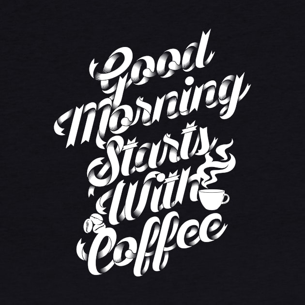 Good morning stars with coffee, coffee slogan white letters by Muse